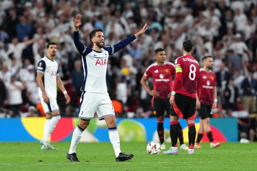 Tottenham Hotspur's Uruguayan midfielder #30 Rodrigo Bentancur celebrates the opening goal scored by Tottenham Hotspur's Welsh forward #22 Brennan Johnson during the UEFA Europa League final football match between Tottenham Hotspur and Manchester United at San Mames stadium in Bilbao on May 21, 2025.  CESAR MANSO / AFP