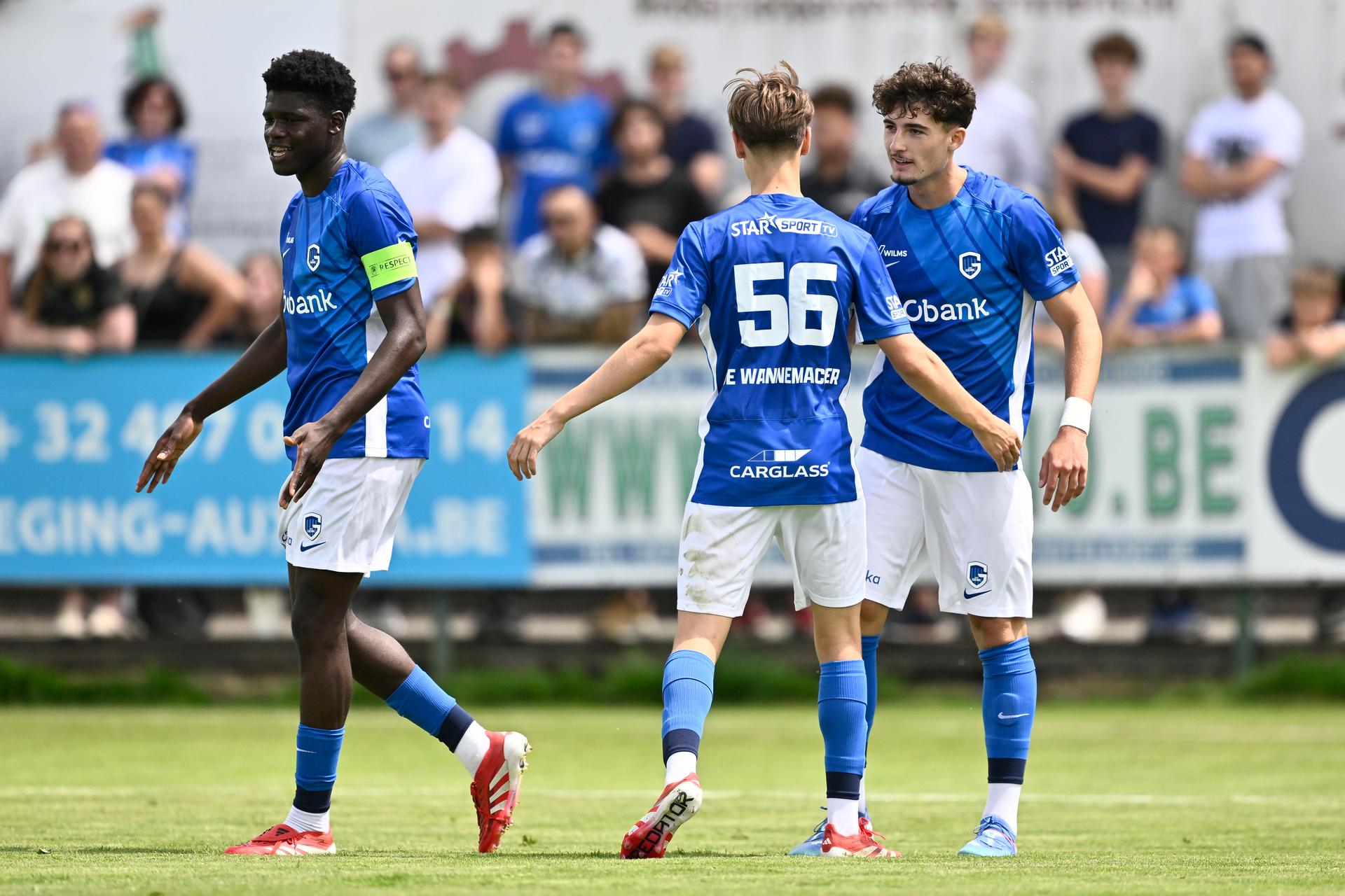 Genk's Josue Ndenge Kongolo, Genk's De Wannemacker August Jan and Genk's Robin Mirisola celebrate after scoring during a friendly game between Eendracht Termien and KRC Genk, Saturday 28 June 2025 in Genk, in preparation of the upcoming 2025-2026 season. BELGA PHOTO JOHAN EYCKENS