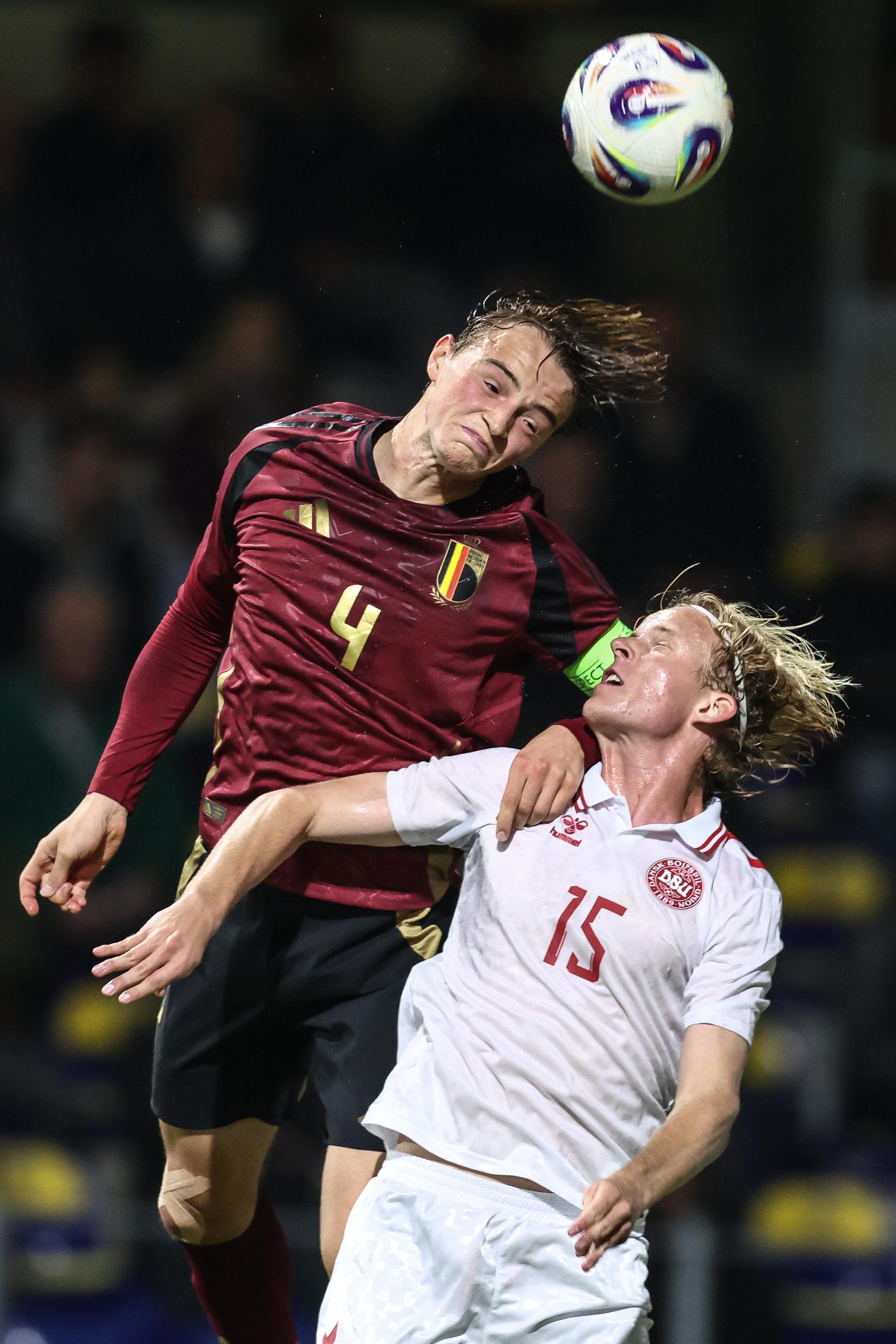 Belgium's Matte Smets and Danish Gustav Mortensen fight for the ball during a soccer game between the U21 youth team of the Belgian national team Red Devils and the U21 of Denmark, in Westerlo, on Tuesday 14 October 2025, game 3 (out of 8) of the qualifications for the 2027 UEFA European Under21 Championship. BELGA PHOTO BRUNO FAHY