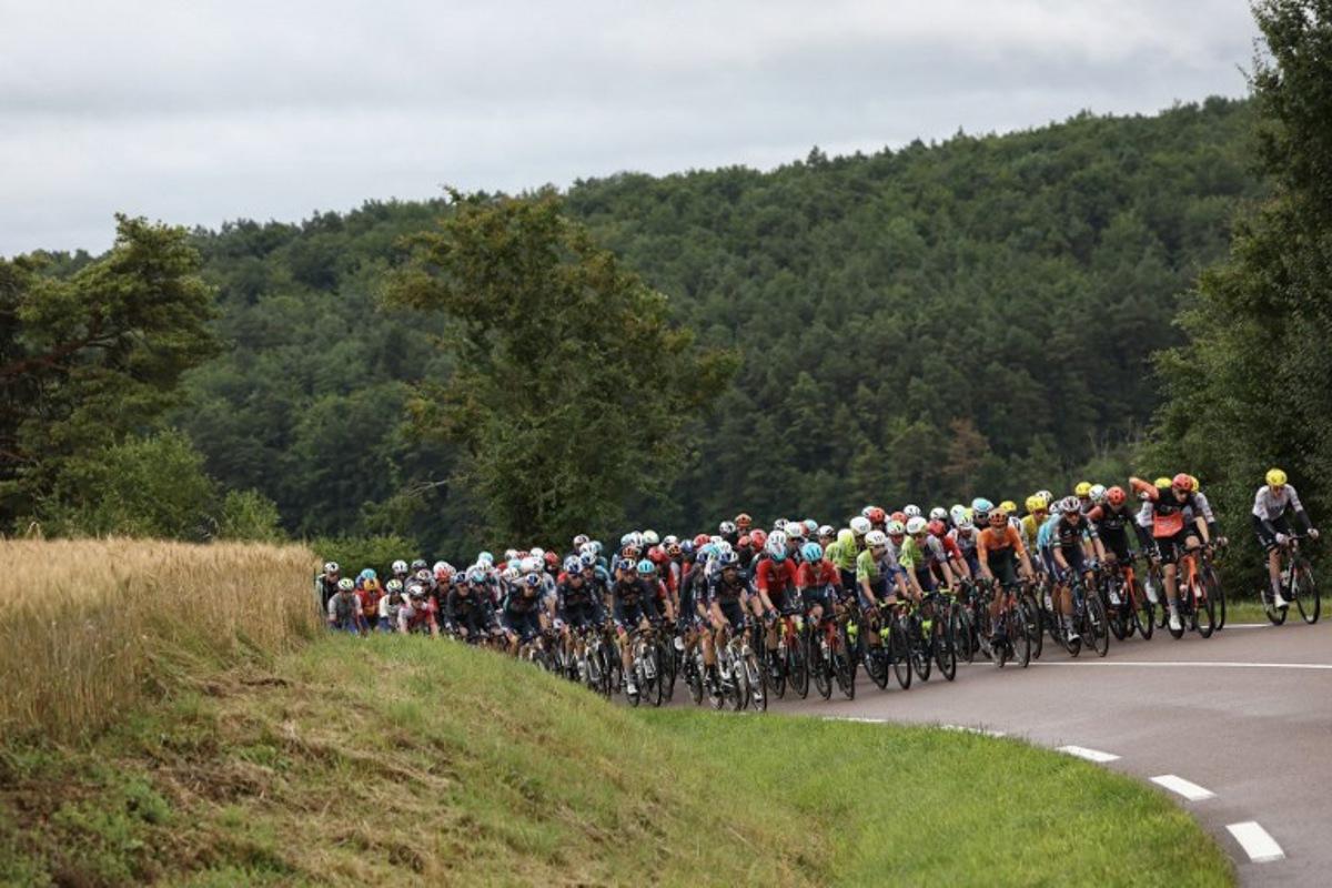 The pack of riders (peloton) cycles in the Cote d'Or department during the 8th stage of the 111th edition of the Tour de France cycling race, 183,5 km between Semur-en-Auxois and Colombey-les-deux-Eglises, on July 6, 2024.  Anne-Christine POUJOULAT / AFP