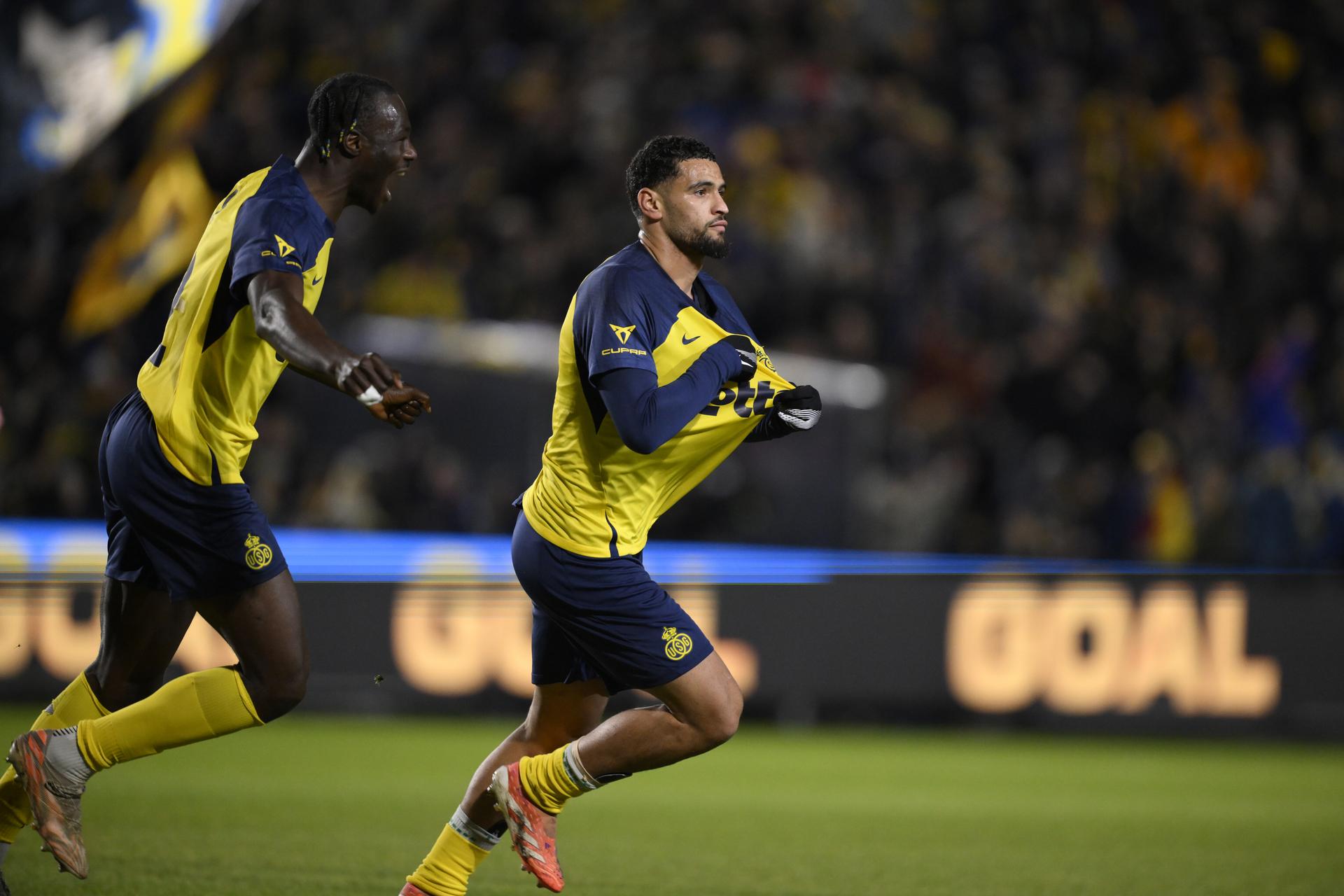 Union's Adem Zorgane and celebrates after scoring a soccer match between Royale Union Saint-Gilloise and Club Brugge, Sunday 01 February 2026 in Brussels, on day 23 of the 2025-2026 'Jupiler Pro League' first division of the Belgian championship. BELGA PHOTO JOHN THYS
