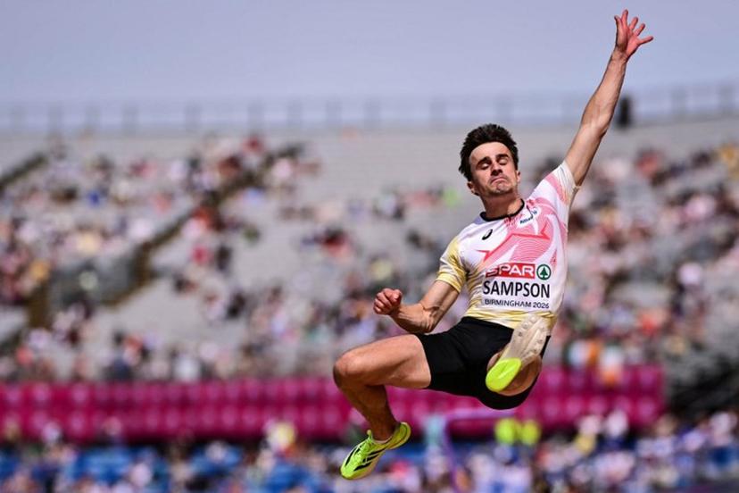 Belgium's Yanni Sampson competes in the men's long jump qualifier during the European Athletics Championships at Alexander Stadium in Birmingham on August 10, 2026.  Ben STANSALL / AFP