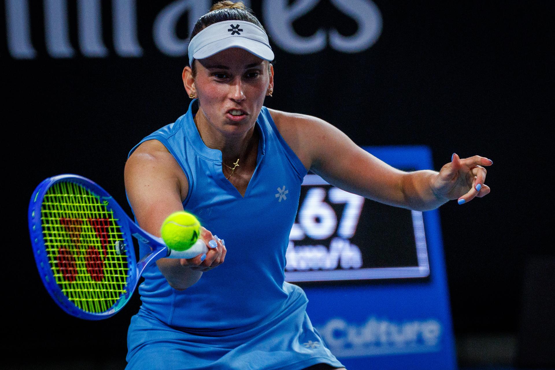 Belgium's Elise Mertens pictured in action during a tennis match against Thailand's Tararudee, in the women first round of the women's singles at the Australian Open, Melbourne Park, Melbourne on Monday 19 January 2026.  BELGA PHOTO PATRICK HAMILTON  --- BENELUX ONLY   ---