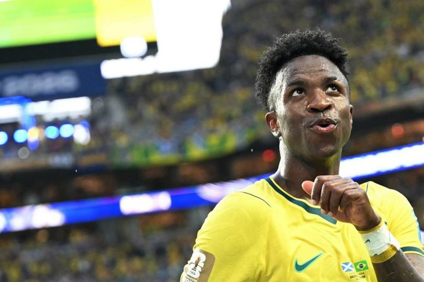 Brazil's forward #07 Vinicius Junior celebrates after scoring his team's second goal during the 2026 World Cup Group C football match between Scotland and Brazil at the Miami Stadium in Miami Gardens on June 24, 2026.   CHANDAN KHANNA / AFP