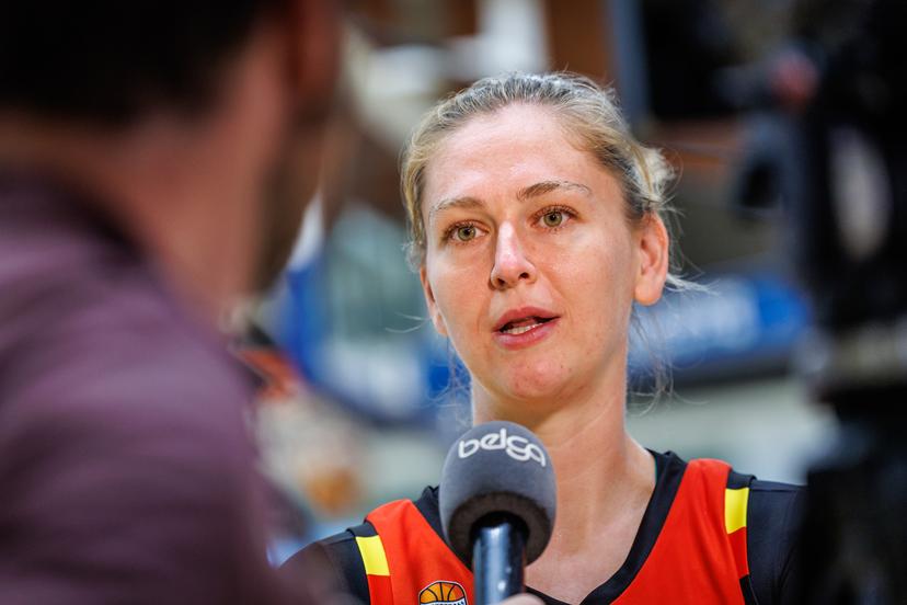 Belgium's Emma Meesseman talks to the press during a press moment of Belgian basketball national team, the Belgian Cats, in Kortrijk, Thursday 13 August 2026. Cats are preparing the world cup in Germany in September. BELGA PHOTO KURT DESPLENTER