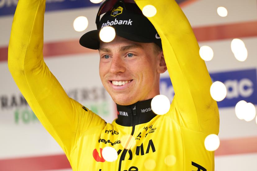 Great Britain's Matthew Brennan of Team Visma-Lease a Bike celebrates on the podium after winning the 78th edition of the men elite race of the Kuurne-Brussels-Kuurne one day cycling race, 195 km from Kuurne to Kuurne via Brussels, Sunday 01 March 2026.  BELGA PHOTO DAVID PINTENS