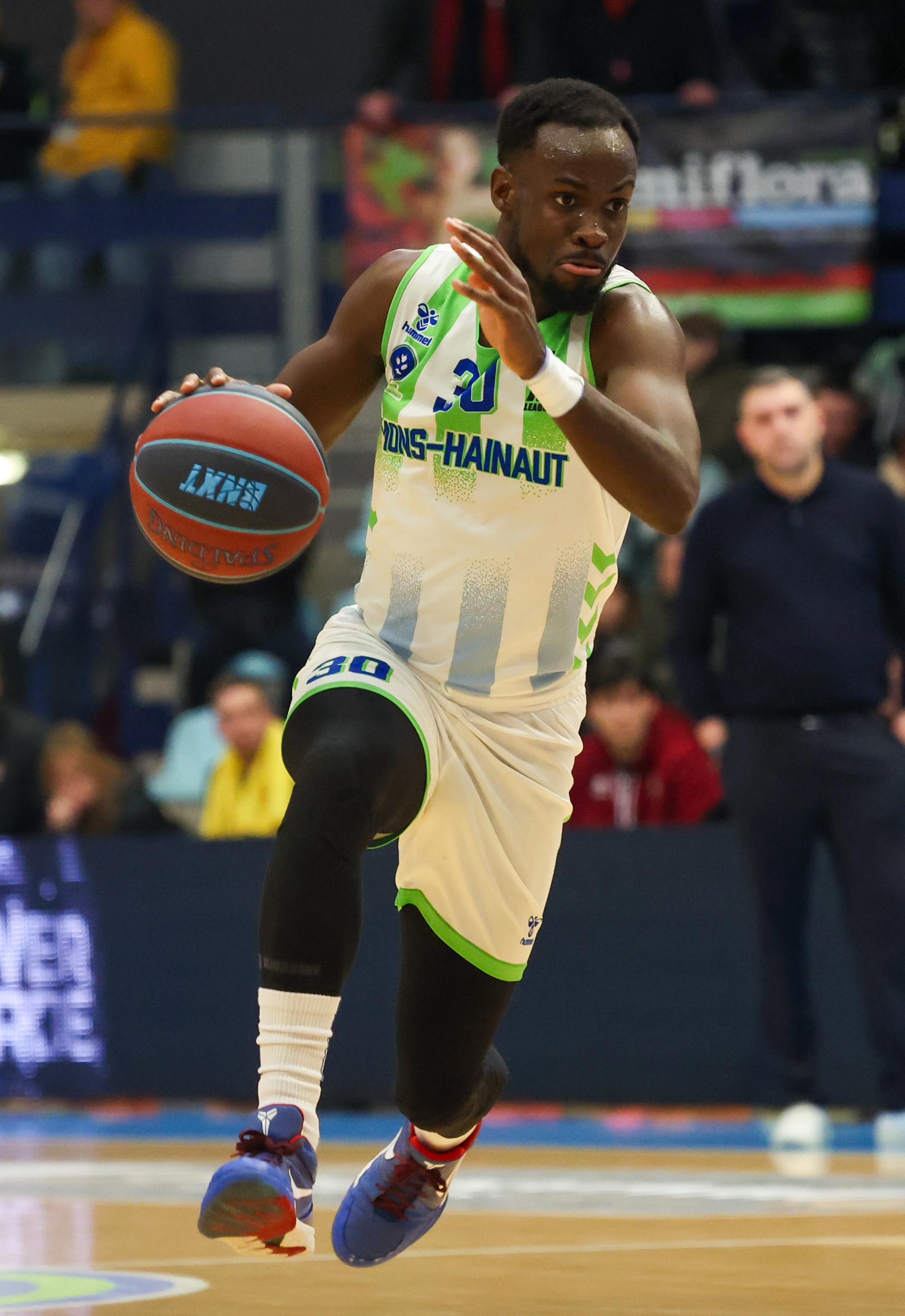 Mons' Tito Casero fights for the ball during a basketball match between Mons-Hainaut and BC Oostende, Saturday 10 January 2026 in Mons, on day 15/34 of the 'BNXT League' Belgian/Dutch first division basketball championships. BELGA PHOTO VIRGINIE LEFOUR