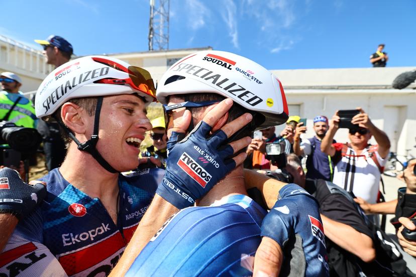 Belgian Ilan Van Wilder of Soudal Quick-Step and French Valentin Paret-Peintre of Soudal Quick-Step celebrate after celebrates after winning stage 16 of the 2025 Tour de France cycling race, from Montpellier to Mont Ventoux (172 km), on Tuesday 22 July 2025 in France. The 112th edition of the Tour de France starts on Saturday 5 July in Lille, France, and will finish in Paris, France on the 27th of July.   BELGA PHOTO POOL TIM VAN WICHELEN