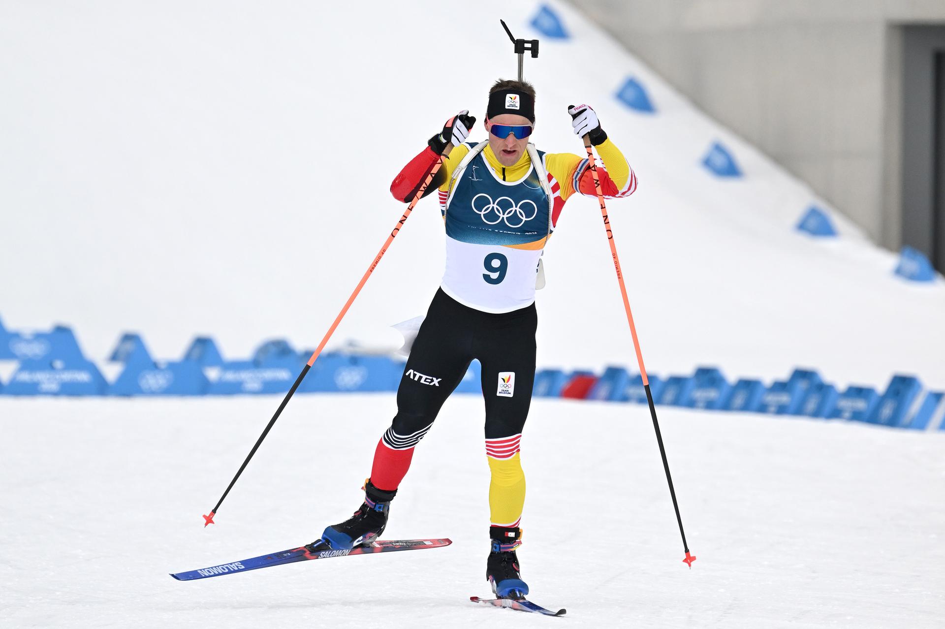 Belgian biathlete Thierry Langer (9) pictured in action during during the Biathlon Men's 20km Individual competition at the Anterselva Biathlon Arena in Cortina, part of the Milano Cortina 2026 Olympic Winter Games, on Tuesday 10 February 2026, Italy. The XXV Winter Olympics take place from 6 to 22 February 2026 in Italy. BELGA PHOTO ANTHONY BEHAR - BENELUX ONLY