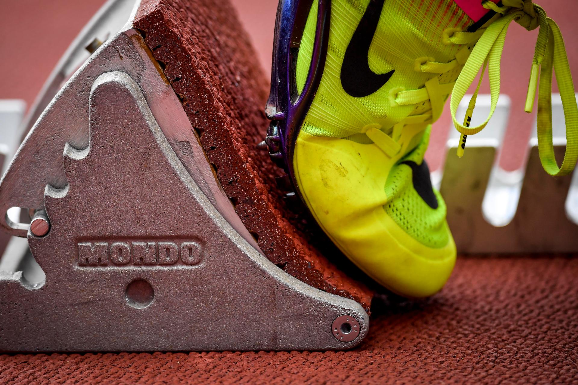 Illustration picture shows a spike in a starting block at a training session in preparation of the start of the IAAF World Championships 2017 in London, United Kingdom, Thursday 03 August 2017. The Worlds are taking place from 4 to 13 August. BELGA PHOTO DIRK WAEM