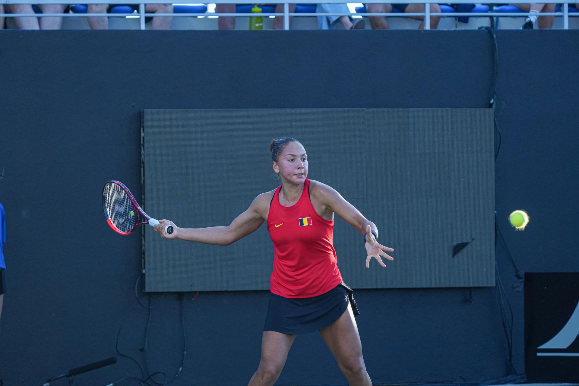 Belgian Sofia Costoulas pictured in action during the first match between US Pegula (WTA 5) and Belgian Costoulas (WTA 279) on the first day of the meeting between USA and Belgium, in the qualification round in the world group for the final of the Billie Jean King Cup tennis, in Orlando, Florida, USA, on Friday 12 April 2024. BELGA PHOTO MARTY JEAN LOUIS