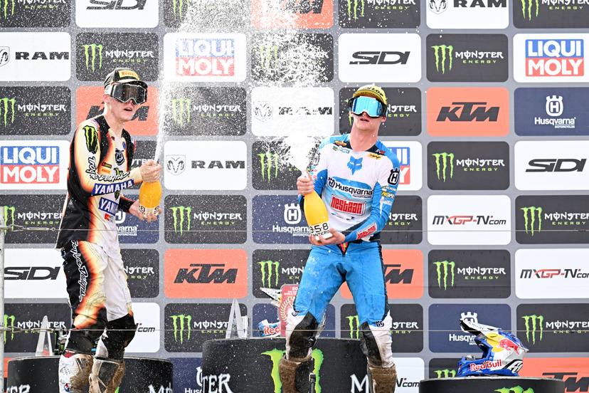 Dutch Rick Elzinga and Dutch Kay De Wolf on the podium after the MX2 race at the motocross MXGP Grand Prix Flanders event, race 14/20 of the FIM Motocross World Championship, Sunday 28 July 2024 in Lommel. BELGA PHOTO MAARTEN STRAETEMANS
