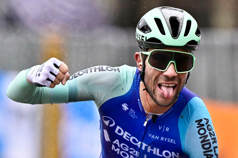 Italian Andrea Vendrame of Decathlon AG2R La Mondiale Team celebrates after winning the third stage of the Tirreno-Adriatico cycling race, a 239km race from Follonica to Colfiorito (Foligno), Italy, Wednesday 12 March 2025. BELGA PHOTO DIRK WAEM