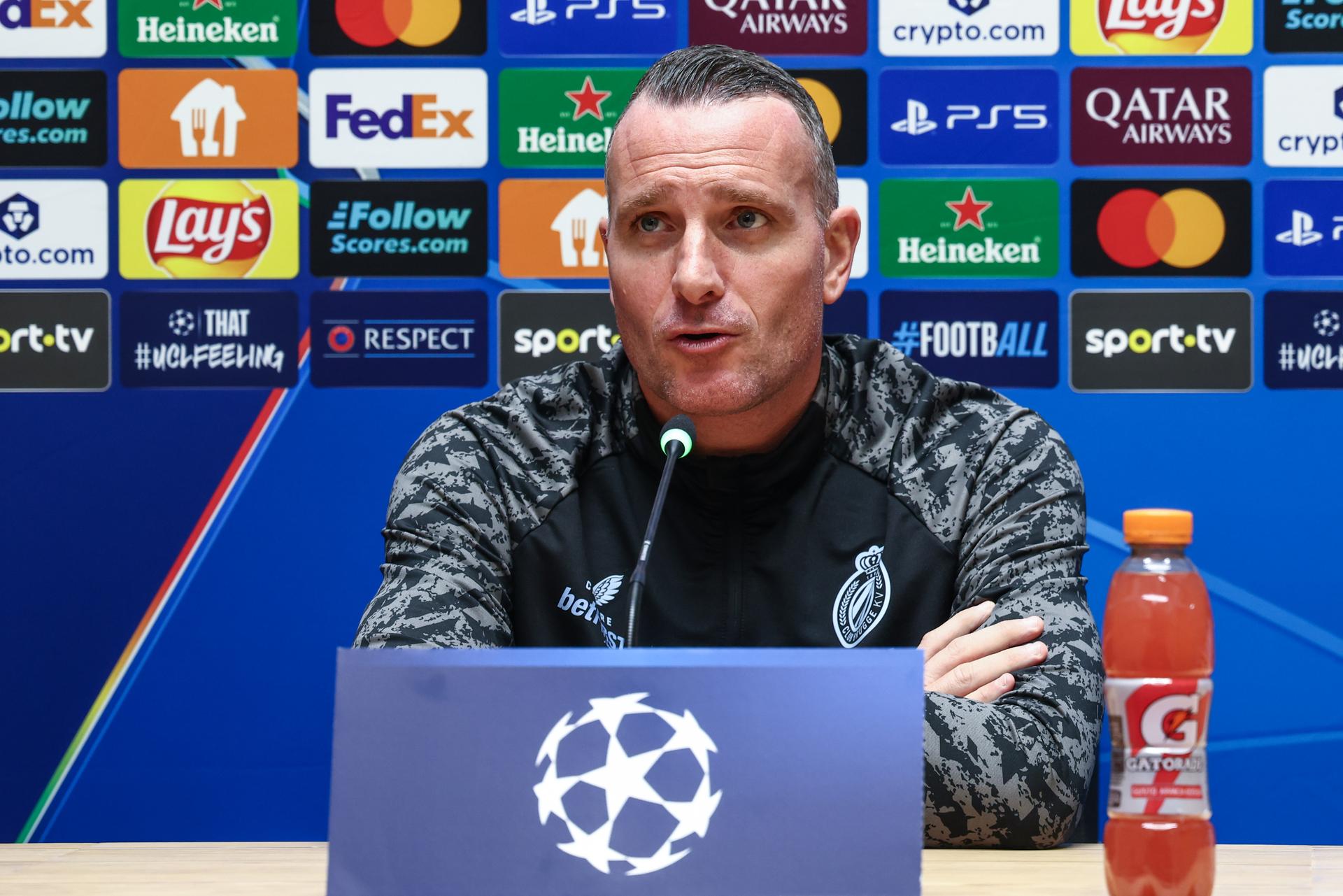 Club's head coach Nicky Hayen pictured during a press conference of Belgian soccer team Club Brugge KV, on Tuesday 25 November 2025 in Westkapelle. The team is preparing for tomorrow's game against Portuguese Sporting CP, on day five of the League phase of the UEFA Champions League tournament. BELGA PHOTO BRUNO FAHY