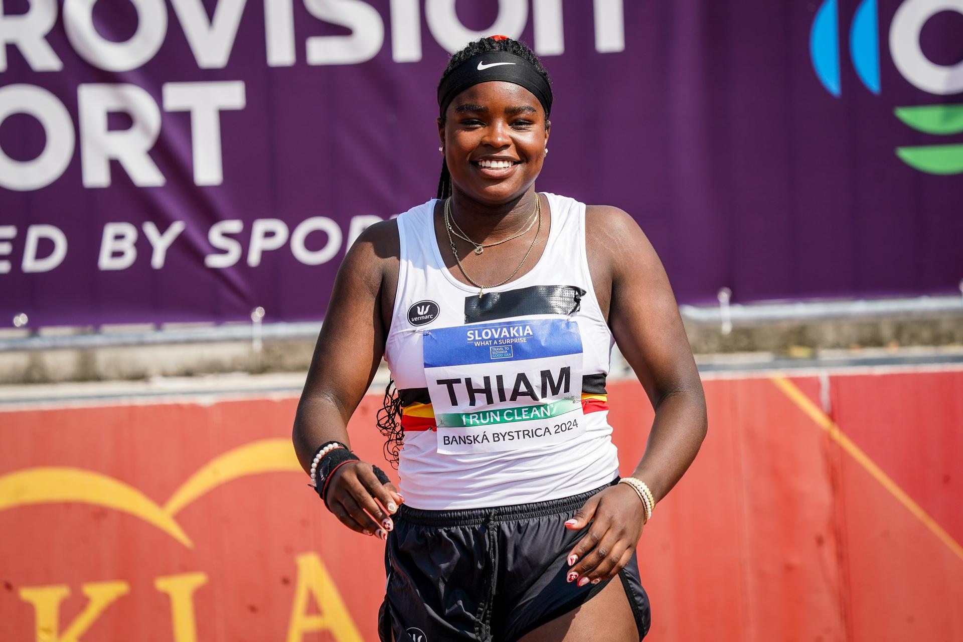 Belgian Nafy Thiam pictured in action during the qualifications of the shot put event at the European Athletics U18 Championships, in Banska Bystrica, Slovakia, Thursday 18 July 2024. The European U18 championships take place from 18 to 21 July.  BELGA PHOTO COEN SCHILDERMAN