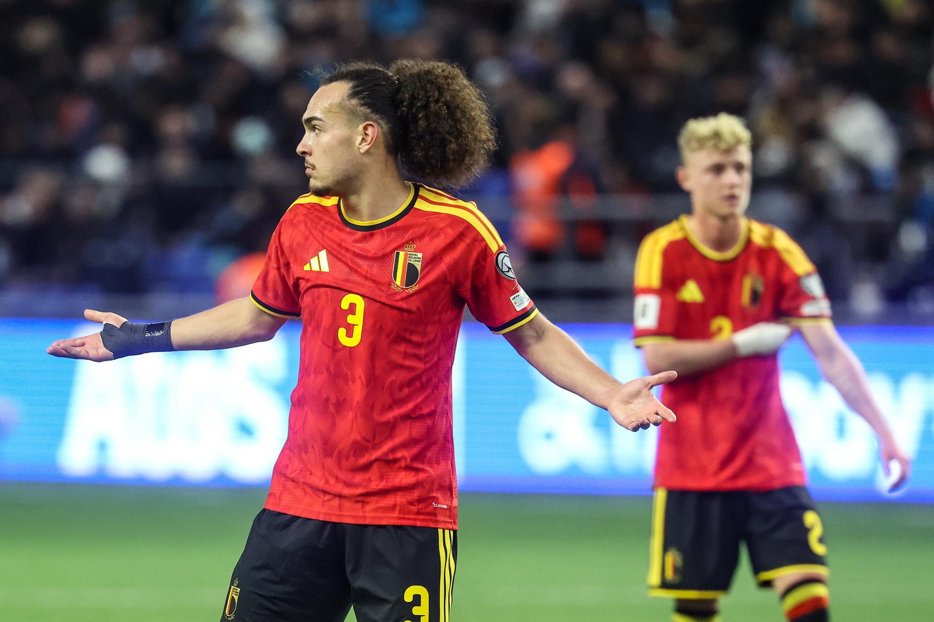 Belgium's Arthur Theate reacts during a soccer game between Kazakhstan and Belgium's Red Devils, Saturday 15 November 2025 in Astana, Kazakhstan, qualification game 7/8 for the 2026 FIFA World Cup. BELGA PHOTO VIRGINIE LEFOUR