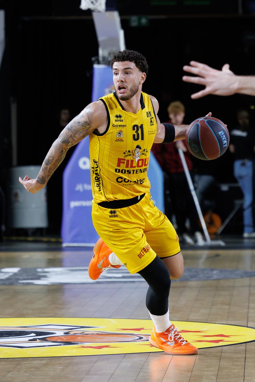 Oostende's Noam Yaacov pictured in action during a basketball match between BC Oostende and Antwerp Giants, Sunday 15 March 2026, in Oostende, on day 24 of the 'BNXT League' Belgian/ Dutch first division basket championship. BELGA PHOTO KURT DESPLENTER