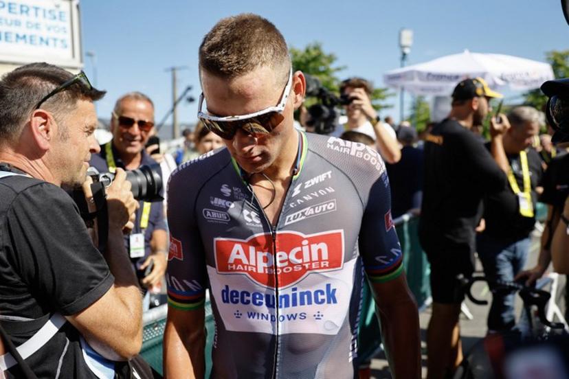 Alpecin - Deceuninck team's Dutch rider Mathieu van der Poel looks on after the 6th stage of the 112th edition of the Tour de France cycling race, 201.5 km between Bayeux and Vire Normandie, Northwestern France, on July 10, 2025.  MARTIN DIVISEK / POOL / AFP