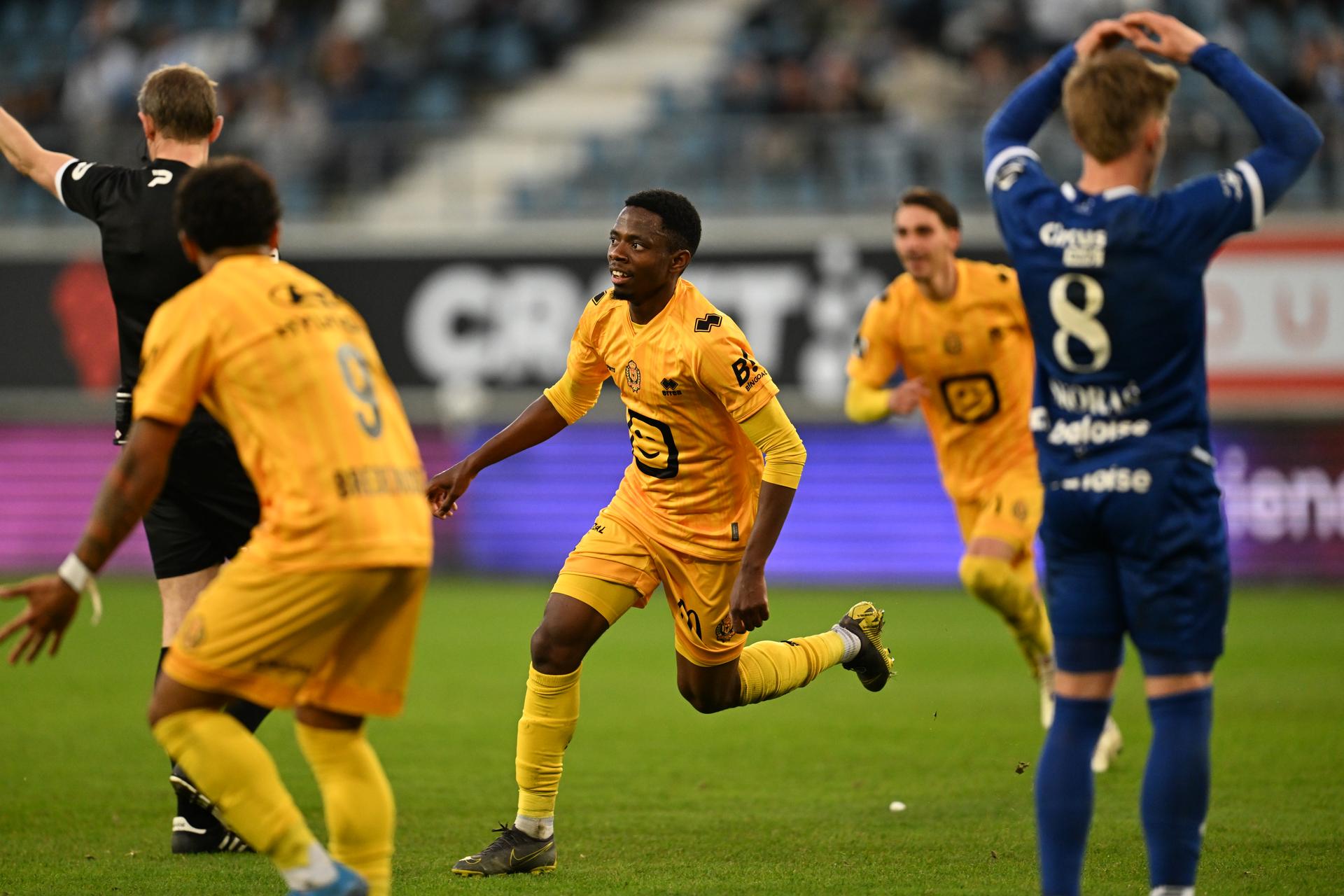 Mechelen's Bill Antonio celebrates after scoring during a soccer match between KAA Gent and KV Mechelen, Monday 06 April 2026 in Gent, on the first day of the Champion's Play-offs (PO1) of the 2025-2026 'Jupiler Pro League' first division of the Belgian championship. BELGA PHOTO JOHN THYS