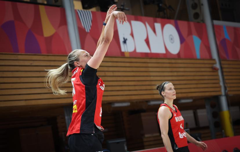 Belgium's Julie Allemand pictured in action during a training of the Belgian national women team 'the Belgian Cats', in Brno, Czech Republlic, on Tuesday 17 June 2025, at the FIBA Women's EuroBasket 2025. BELGA PHOTO VIRGINIE LEFOUR