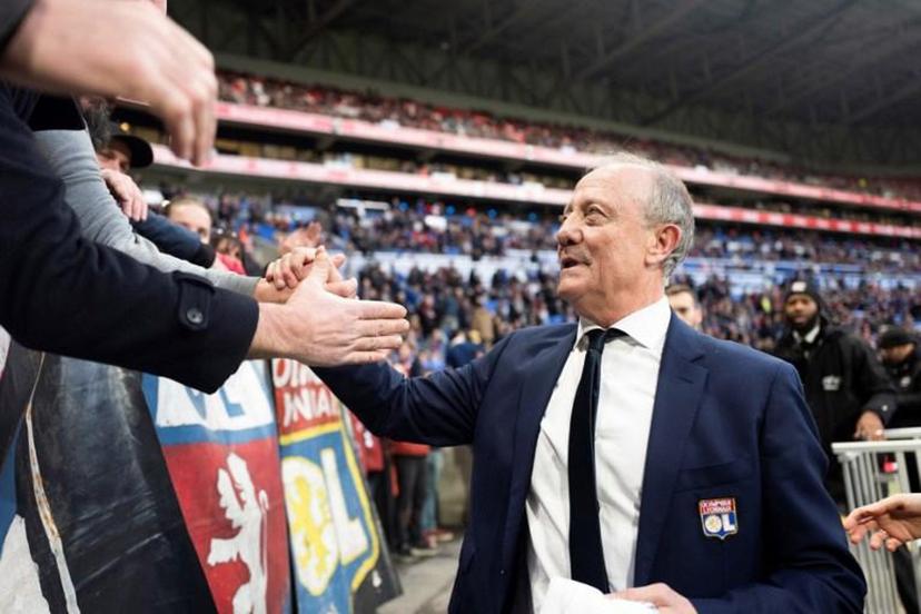 Special advisor to Lyon's president, former player Bernard Lacombe celebrates with fans his retirement ahead of the French L1 football match between Olympique Lyonnais and Stade Rennais Football Club at the Groupama stadium in Decines-Charpieu near Lyon, central eastern France on December 15, 2019.  ROMAIN LAFABREGUE / AFP