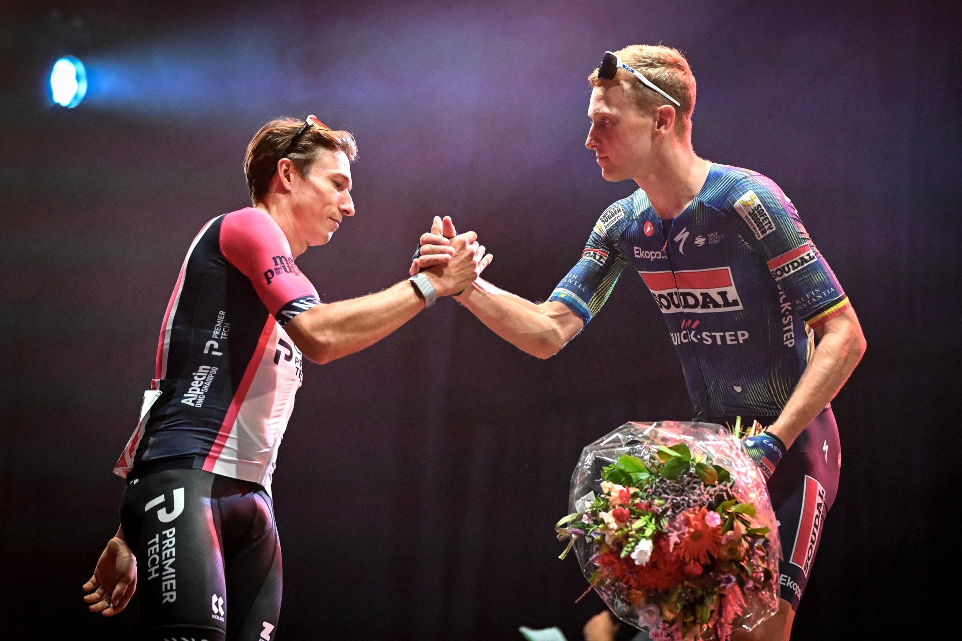 Belgian Jasper Philipsen of Alpecin-Premier Tech and Belgian Tim Merlier of Soudal Quick-Step celebrate on the podium after the 'Natourcriterium Herentals' cycling race, Thursday 30 July 2026 in Herentals. The contest is a part of the traditional 'criteriums', local races in which mainly cyclists who rode the Tour de France compete. BELGA PHOTO ELIAS ROM
