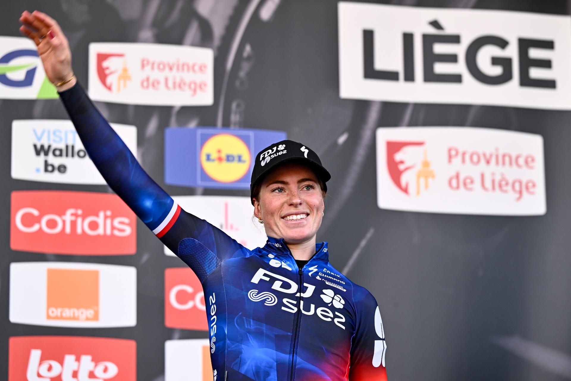 Dutch Demi Vollering of FDJ-Suez pictured on the podium after the women elite race of the Liege-Bastogne-Liege one day cycling event, 152,9km from Bastogne to Liege, Sunday 27 April 2025. BELGA PHOTO ERIC LALMAND