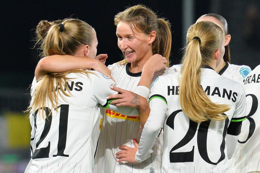 OHL Women's Sara Pusztai celebrates after scoring during a soccer match between Oud-Heverlee Leuven Women and Dutch FC Twente Vrouwen, Wednesday 15 October 2025 in Leuven, the second game in the league phase of the UEFA Women's Champions League competition. BELGA PHOTO JILL DELSAUX