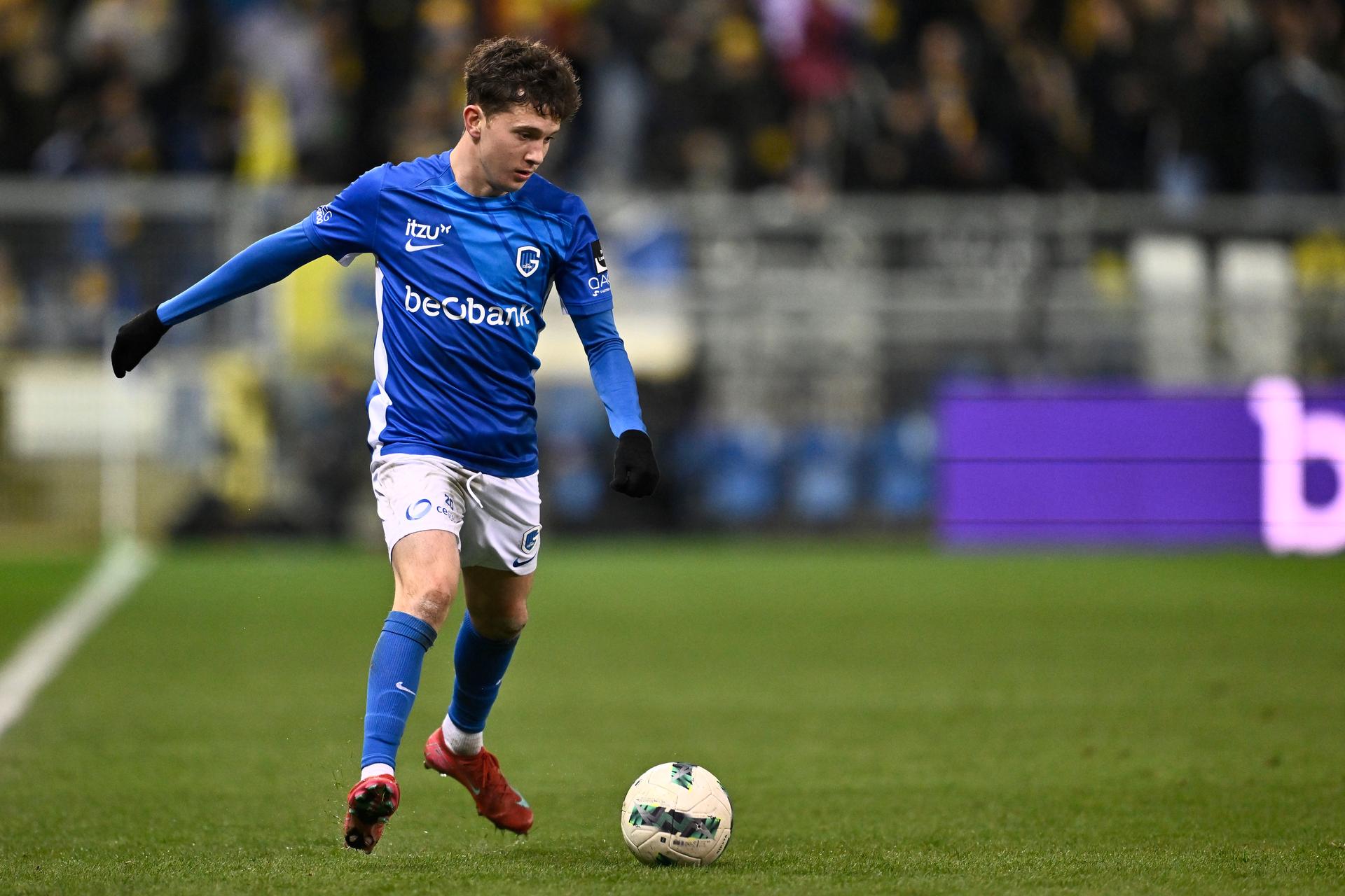 Genk's Konstantinos Karetsas pictured in action during a soccer match between KRC Genk and Union Saint-Gilloise, Saturday 15 March 2025 in Genk, on day 30 of the 2024-2025 season of the 'Jupiler Pro League' first division of the Belgian championship. BELGA PHOTO JOHAN EYCKENS