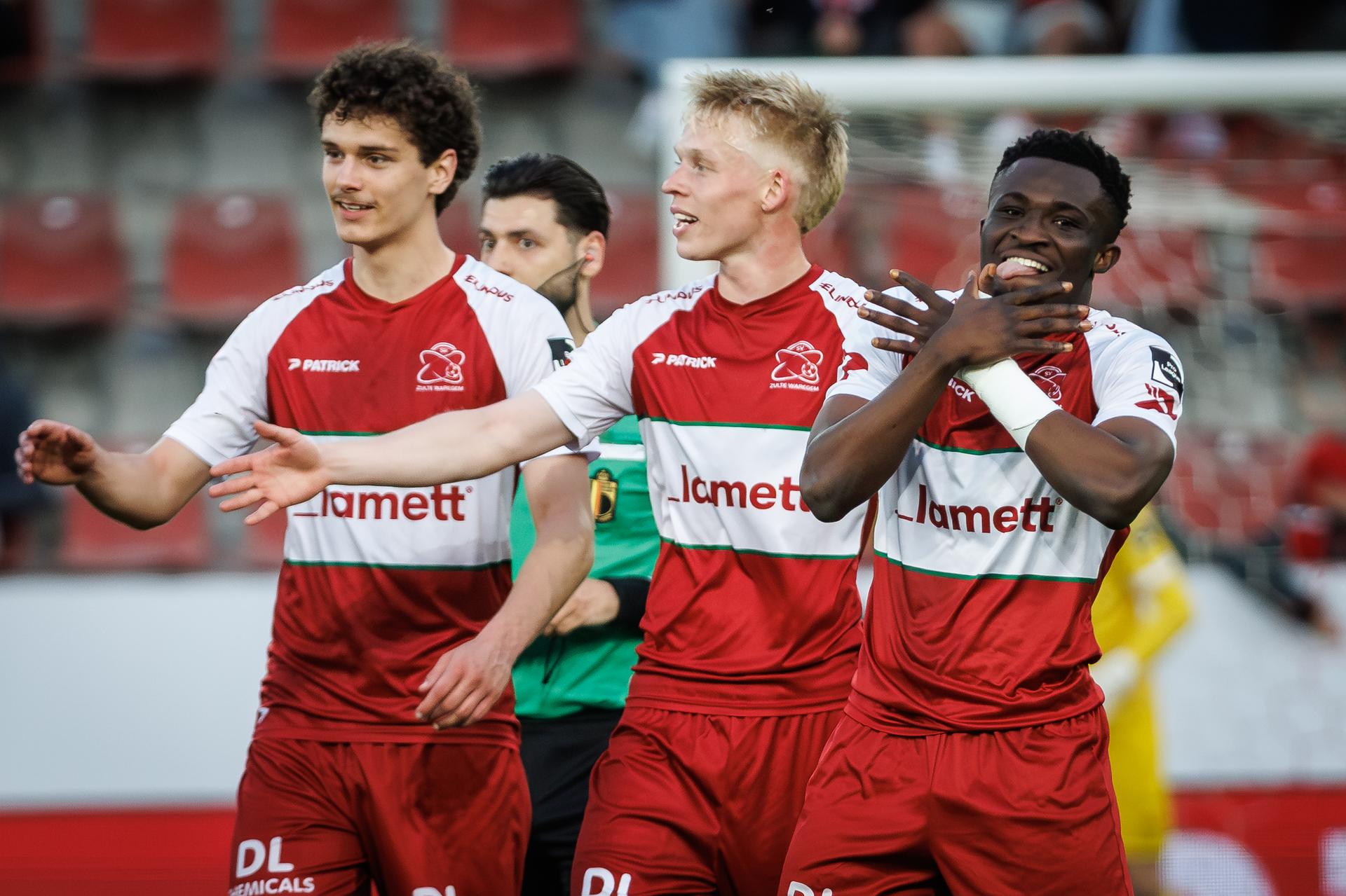 Essevee's Joseph Opoku celebrates after scoring during a soccer match between SV Zulte Waregem and Raal La Louviere, Sunday 26 April 2026 in Waregem, on the fourth day of the Relegation Play-offs of the 2025-2026 'Jupiler Pro League' first division of the Belgian championship. BELGA PHOTO KURT DESPLENTER