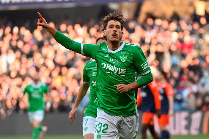 Saint Etienne's Belgian forward #32 Lucas Stassin celebrates after scoring his team's first goal during the French L1 football match between Montpellier Herault SC and AS Saint-Etienne at Stade de la Mosson in Montpellier, southern France, on March 16, 2025.  Sylvain THOMAS / AFP