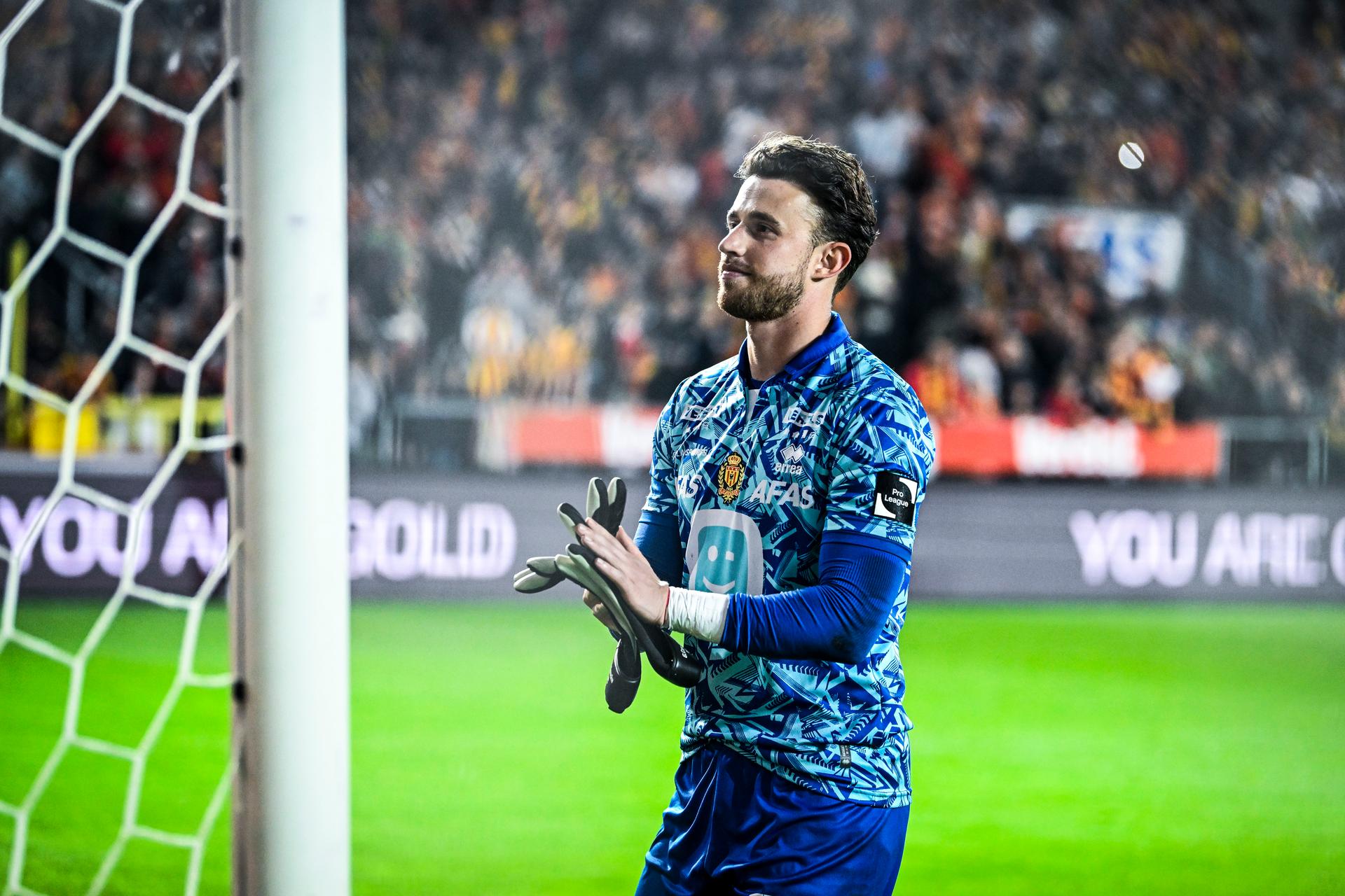 Mechelen's goalkeeper Gaetan Coucke celebrates after winning a soccer match between KV Mechelen and Standard de Liege, Saturday 25 May 2024 in Mechelen, on day 10, the last day of the 2023-2024 season of the 'Jupiler Pro League' first division of the Belgian championship. BELGA PHOTO TOM GOYVAERTS