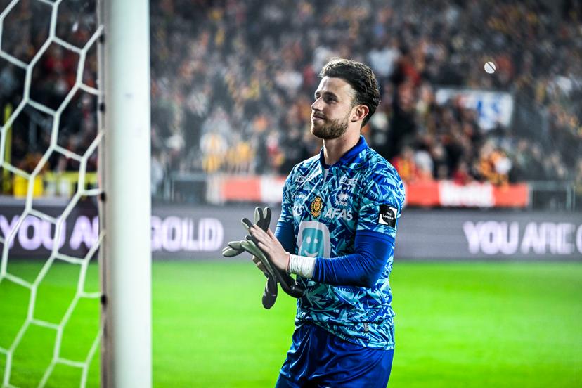 Mechelen's goalkeeper Gaetan Coucke celebrates after winning a soccer match between KV Mechelen and Standard de Liege, Saturday 25 May 2024 in Mechelen, on day 10, the last day of the 2023-2024 season of the 'Jupiler Pro League' first division of the Belgian championship. BELGA PHOTO TOM GOYVAERTS