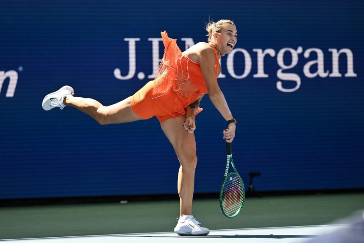 Belarus's Aryna Sabalenka serves to Uzbekistan's Kamilla Rakhimova during their women's singles third round tennis match on day six of the US Open tennis tournament at the USTA Billie Jean King National Tennis Center in New York City on September 4, 2026.  ANGELA WEISS / AFP