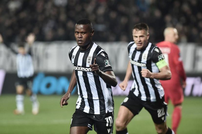 PAOK Tanzanian forward #70 Mbwana Samatta celebrates after scoring a goal during the UEFA Europa League Knockout phase play-offs 1st leg football match between Paok and FCSB at the Toumba Stadium in Thessaloniki, on February 13, 2025.  Sakis Mitrolidis / AFP