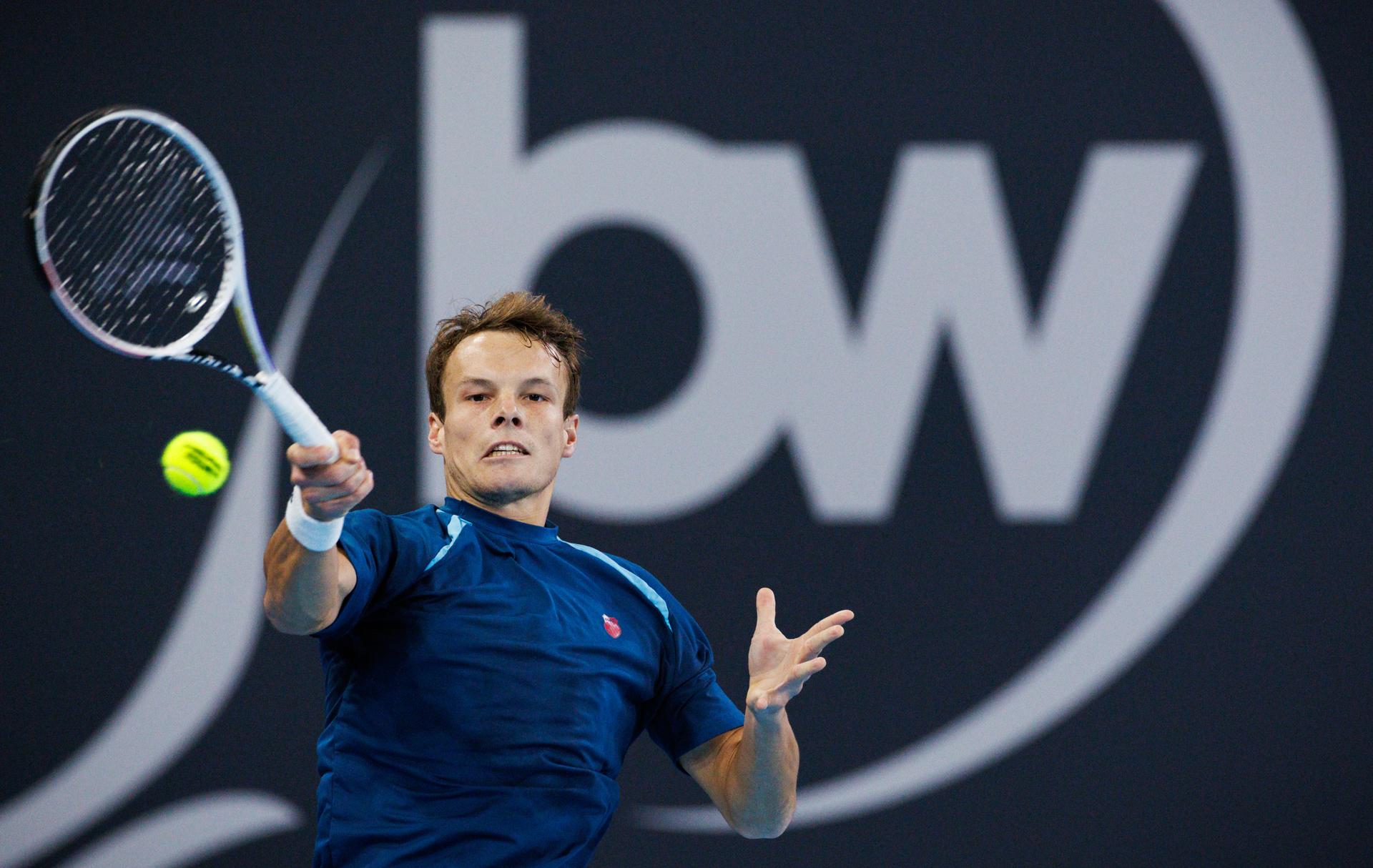 Belgian Michael Geerts pictured during a qualification game between Belgian Geerts and Canadian Diez in the men's singles at the BW Open ATP Challenger 125 tournament, in Louvain-la-Neuve, Monday 22 January 2024. THE BW Open takes place from 22 to 28 January. BELGA PHOTO BENOIT DOPPAGNE