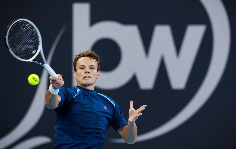 Belgian Michael Geerts pictured during a qualification game between Belgian Geerts and Canadian Diez in the men's singles at the BW Open ATP Challenger 125 tournament, in Louvain-la-Neuve, Monday 22 January 2024. THE BW Open takes place from 22 to 28 January. BELGA PHOTO BENOIT DOPPAGNE