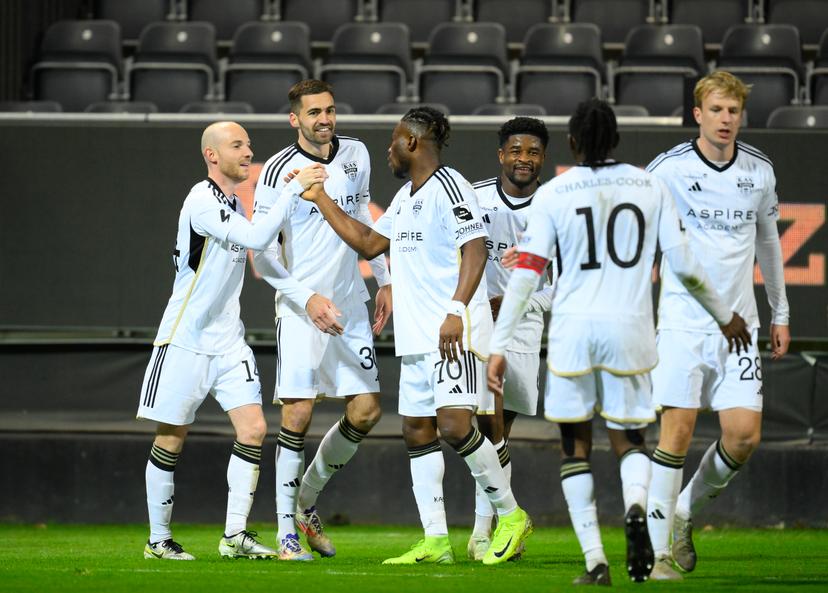 Eupen's Jan Gorenc celebrates after scoring during a soccer match between KAS Eupen and Club NXT, in Eupen, on day 27 of the 2024-2025 'Challenger Pro League' 1B second division of the Belgian championship, Sunday 30 March 2025. BELGA PHOTO JOHN THYS