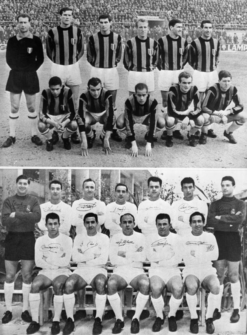 An undated photo of Inter Milan soccer team (top photo from L-R bottom row) Jair, Corso, Suarez, Mazzola and Szymaniak, (top row L-R) Sarti, Facchetti, Guarnieri, Tagnin, Burgnich and Picchi.   Bottom photo shows Real Madrid soccer team (top row L-R) Vicente, Isidro, Santamaria, Casado, Muller, Pachin, Araquistain. (Bottom row L-R) Amancio, Felix Ruiz, Di Stefano, Puskas and Gento.  The two teams played against each other in the 1964 UEFA/European Cup final in Vienna.  AFP PHOTO