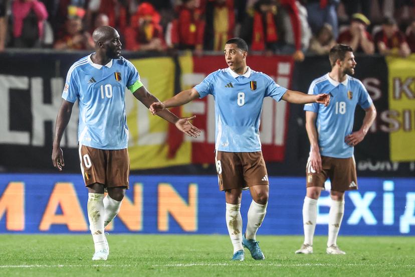 Belgium's Romelu Lukaku and Belgium's Youri Tielemans look dejected during a soccer game between Belgian national team the Red Devils and Ukraine, Thursday 20 March 2025 in Murcia, Spain, the first leg of the play-offs in the Nations League. BELGA PHOTO VIRGINIE LEFOUR