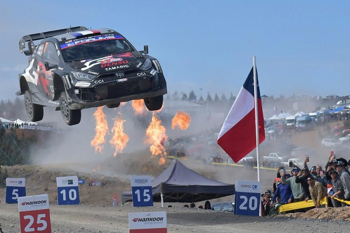 French driver Sebastien Ogier and co-driver Vincent Landais cross the finish line in their Toyota GR Yaris Rally1 to win the WRC Rally Chile Bio Bio in Concepcion, Chile, on September 14, 2025.  GUILLERMO SALGADO / AFP