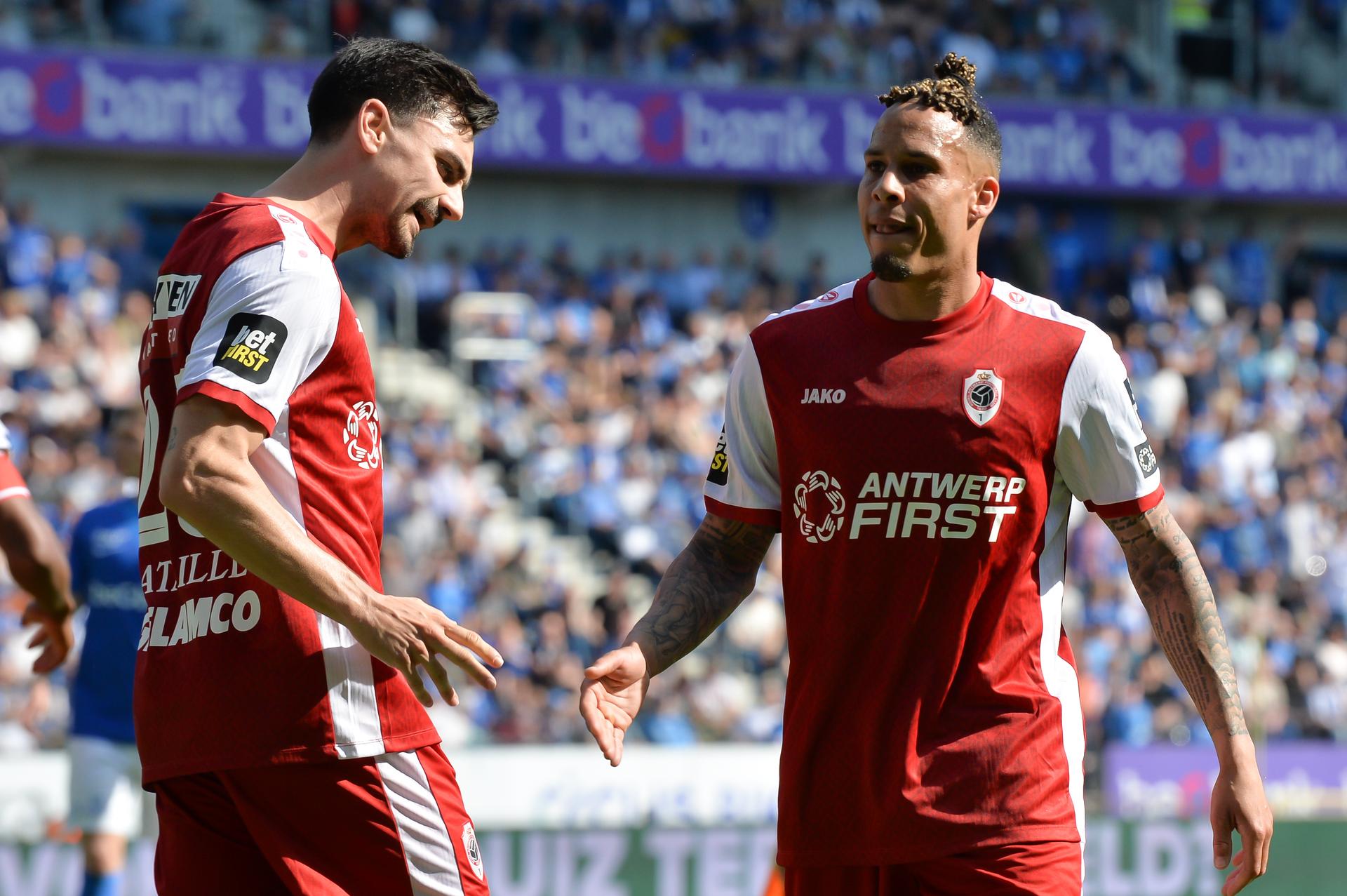 Antwerp's Tjaronn Chery celebrates after scoring during a soccer match between KRC Genk and Royal Antwerp FC, Sunday 27 April 2025 in Genk, on day 6 (out of 10) of the Champions' Play-offs of the 2024-2025 'Jupiler Pro League' first division of the Belgian championship. BELGA PHOTO JILL DELSAUX