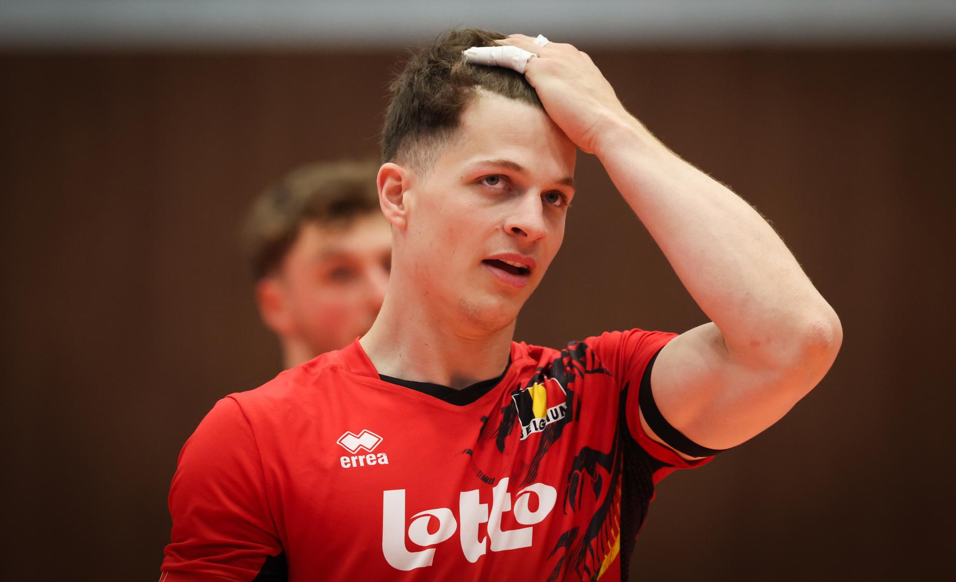 Belgium's Seppe Rotty pictured during a volleyball match between Belgium's national men's volleyball team, the Red Dragons, and the Azeri national men's volleyball team, in match 3/6 of the League Round of the European Golden League men, in Beveren, Friday 24 May 2024. BELGA PHOTO VIRGINIE LEFOUR