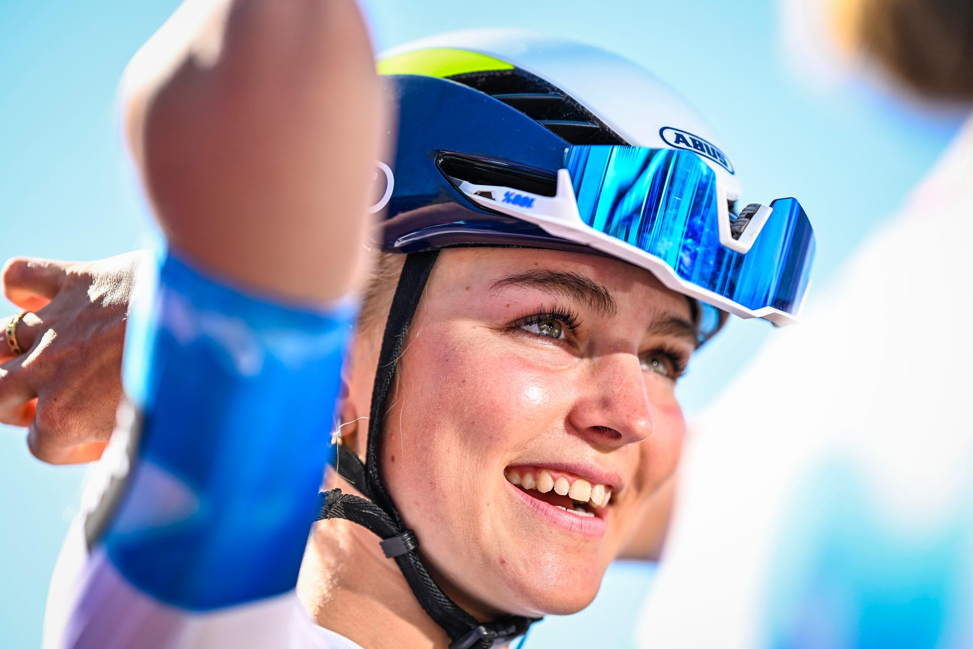British Cat Ferguson of Movistar Team pictured before pictured at the start of the women's race of the 'Paris-Roubaix' one day cycling race, 148,5 km from Denain to Roubaix, France, on Saturday 12 April 2025. BELGA PHOTO JASPER JACOBS