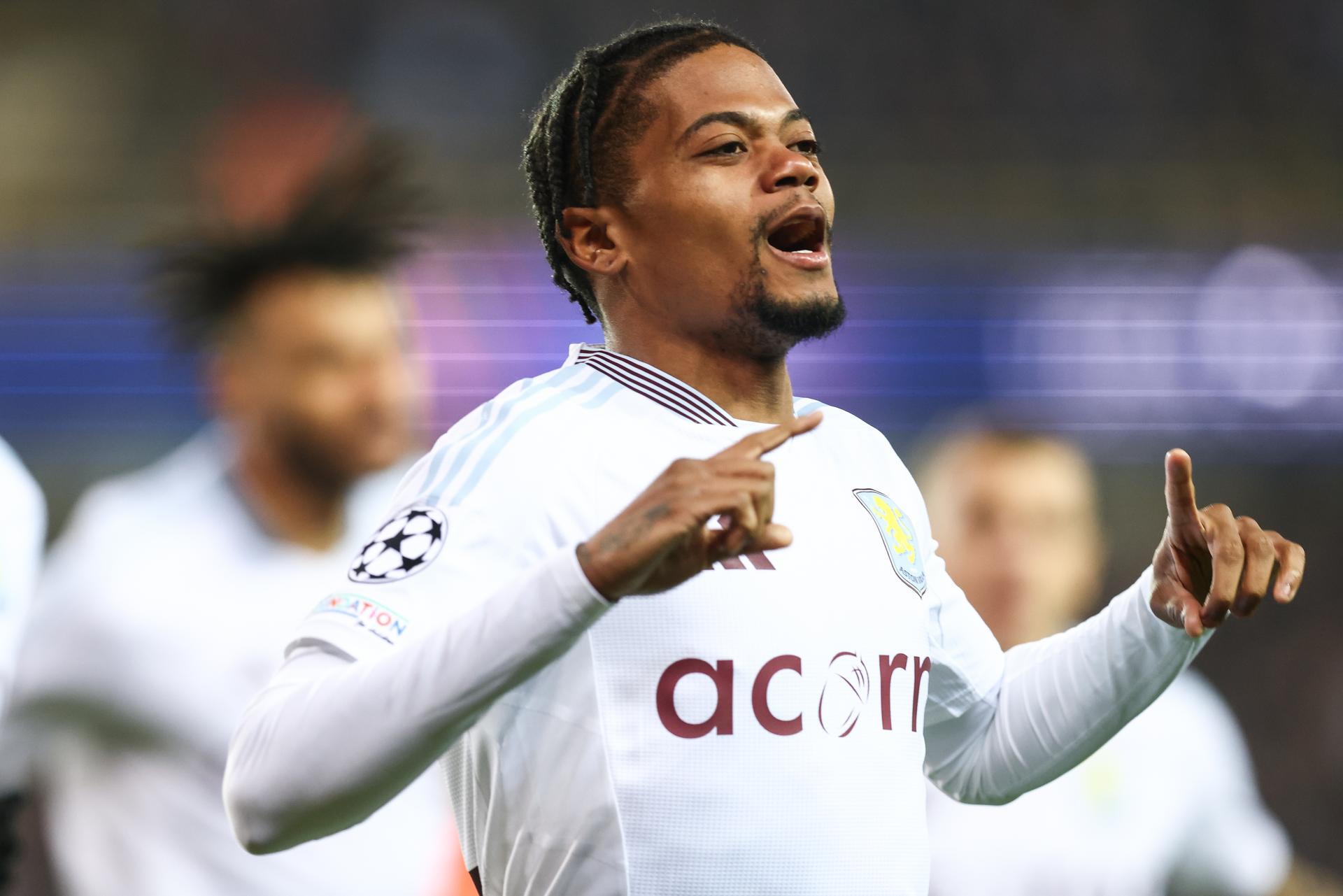 Aston Villa's Leon Bailey celebrates after scoring during a soccer game between Belgian Club Brugge KV and English Aston Villa FC, Tuesday 04 March 2025 in Brugge, the first leg of the 1/8 finals of the UEFA Champions League knockout phase. BELGA PHOTO BRUNO FAHY