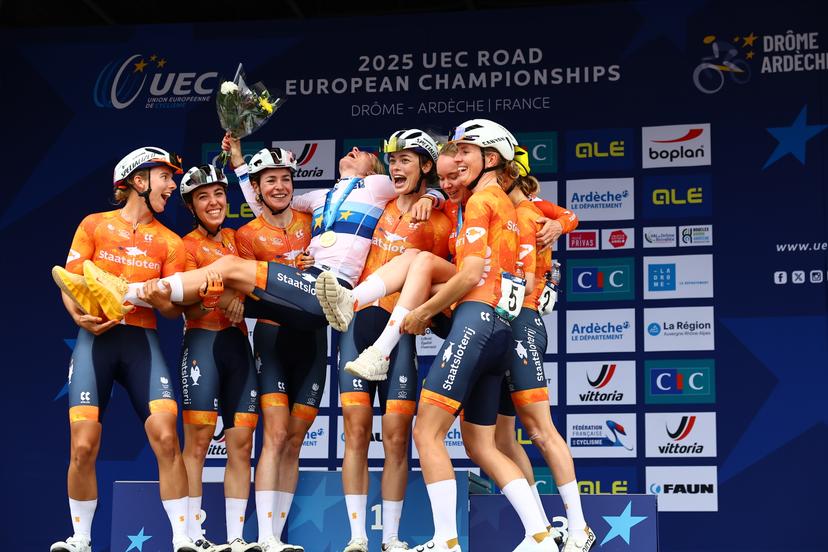 Winner Netherlands Demi Vollering pose with team-mates on the podium after winning the Women Elite road race of 116,1 km at the UEC road European cycling championships, Saturday 04 October 2025, in Loriol-sur-Drome, France. The European cycling championships Drome-Ardeche takes place from 1 to 5 October. BELGA PHOTO DAVID PINTENS