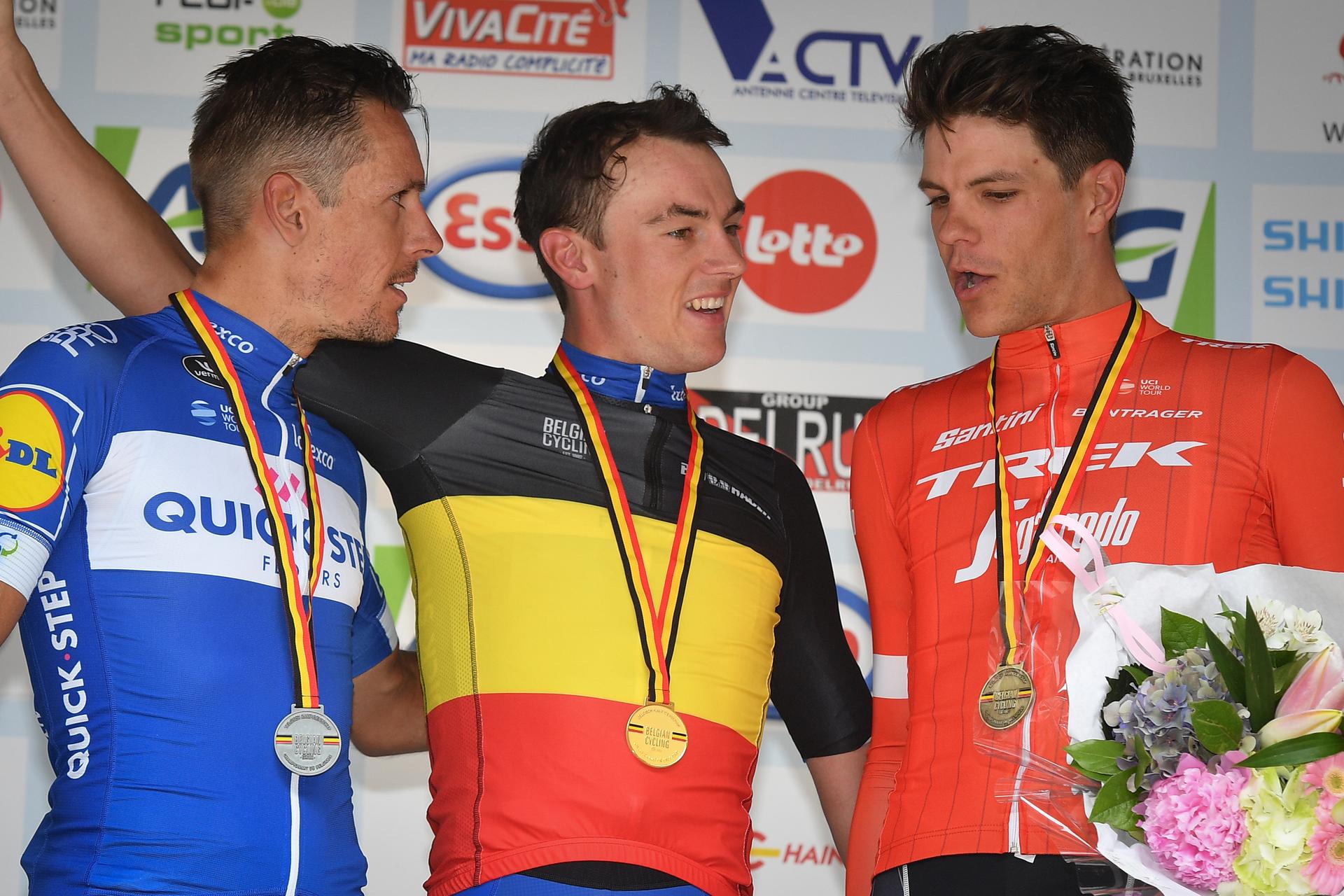 Belgian Philippe Gilbert of Quick-Step Floors winner of the silver medal, Belgian Yves Lampaert of Quick-Step Floors winner of the gold medal and Belgian Jasper Stuyven of Trek-Segafredo winner of the bronze medal on the podium of the men elite Belgian cycling championships in Binche, a 223.6 km race, Sunday 24 June 2018, in Binche. BELGA PHOTO DAVID STOCKMAN