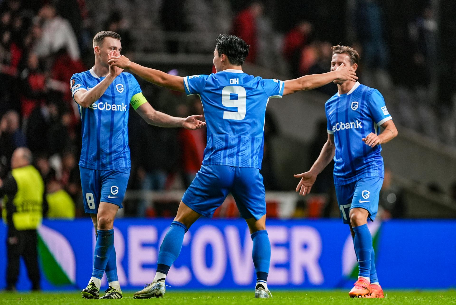 Genk's players celebrate after winning a soccer game between Portuguese soccer team SC Braga and Belgian club KRC Genk, on Thursday 06 November 2025, in Braga, fourth game (out of 8) in the league phase of the UEFA Europa League competition. BELGA PHOTO JOMA GISBERT