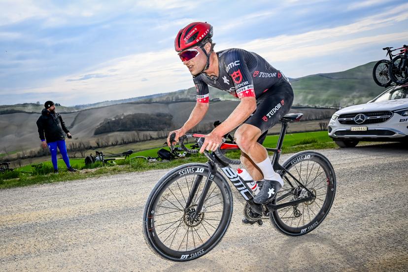 Swiss Marc Hirschi of Tudor Pro Cycling Team pictured in action during the men elite 'Strade Bianche' one day cycling race, 213km from and to Siena, Italy on Saturday 08 March 2025. BELGA PHOTO DIRK WAEM