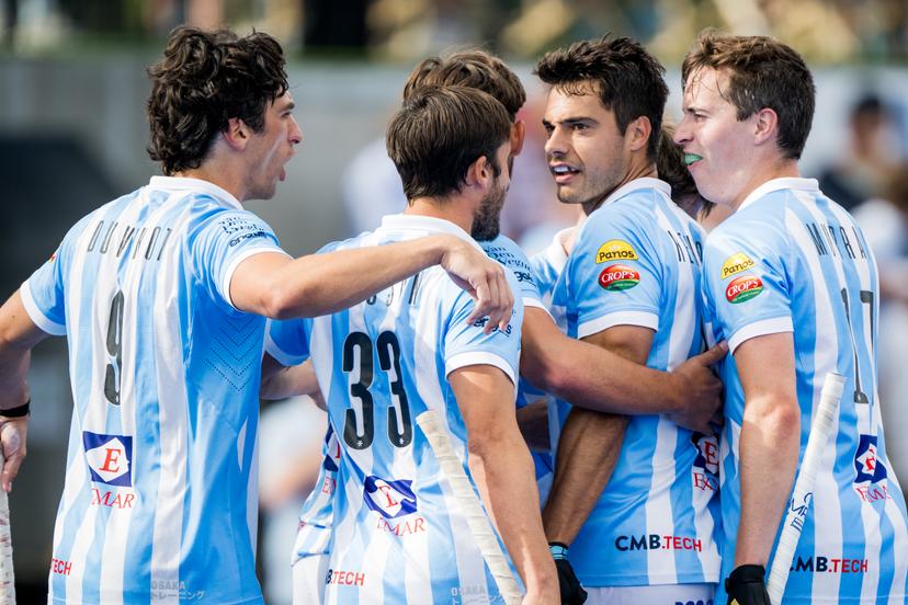Gantoise's Alexander Hendrickx celebrates after scoring during a hockey game between Gantoise and Royal Leopold Club, Sunday 08 September 2024 in Gent, on the opening day the Belgian first division hockey championship. BELGA PHOTO JASPER JACOBS